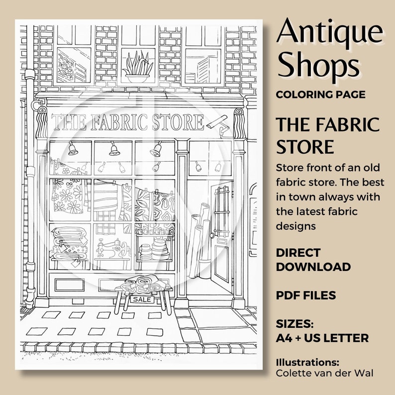 Antiquaires The Fabric Store, coloriage devanture de magasin illustré à la main téléchargement instantané Format PDF : A4 US Letter image 1