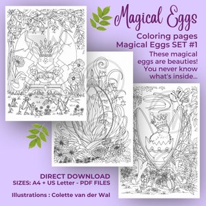 Huevos mágicos - set 1, páginas para colorear de huevos encantadores - 3 imágenes ilustradas a mano - Pascua - descarga instantánea - PDF - Tamaño A4 + carta de EE. UU.