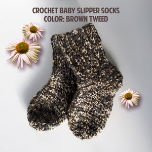 Baby Slipper Socken - Baby Hausschuhe - Säuglinge Hausschuhe - Booties - braun Tweed Farbe - Größe: 13 cm / 5,12 Zoll / 9-12 Monate - häkeln