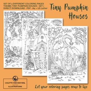 Tiny Pumpkin Houses - set 1,  coloring pages - set of 3 different images - hand illustrated - instant download - PDF Size: A4 + US Letter