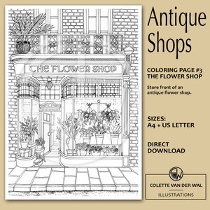 Antique Shops - #3 The Flower Shop,  coloring page - Flower Shop store front - hand illustrated - direct download - PDF Size: A4 + US Letter