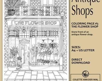 Flower Shop Coloring Page – Hand-Drawn Antique Storefront (PDF Download)