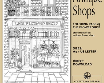 Antiquaires - #3 The Flower Shop, coloriage - devanture de magasin Flower Shop - illustré à la main - téléchargement direct - format PDF : A4 + US Letter