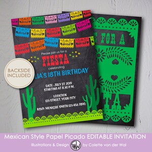 Editable Papel Picado FIESTA INVITATION - Instant Download - Birthday Party - 5 x 7&quot; Invitation Card - Mexican Style - Boho Summer Party