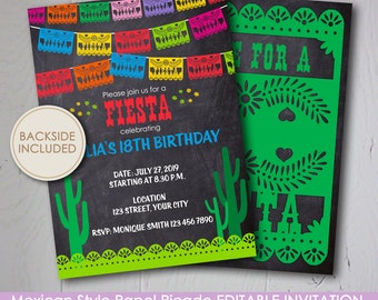 Editable Papel Picado FIESTA INVITATION - Instant Download - Birthday Party - 5 x 7" Invitation Card - Mexican Style - Boho Summer Party
