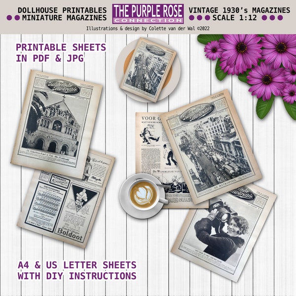 DOLLHOUSE printable MAGAZINES - Theme: 1930's Vintage magazines - miniatures to download for Dollhouse, Roombox Diorama - Scale 1 / 12