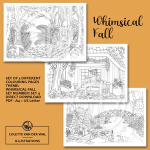 Whimsical Fall set4 - dibujos para colorear - 3 imágenes diferentes - ilustrado a mano - descarga instantánea - Colorear para adultos - Tamaño PDF: A4 + US Letter