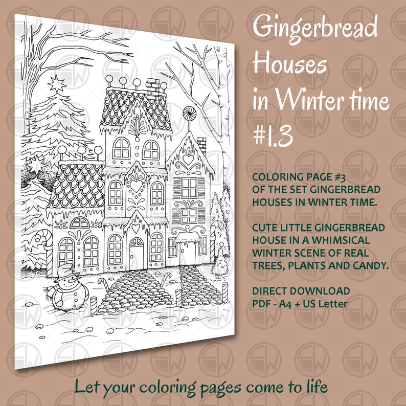 Gingerbread Huisjes in Wintertijd set 1, kleurplaten 3 afbeeldingen hand geïllustreerd Directe Download PDF A4 US Letter afbeelding 4