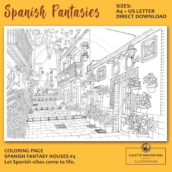 Spanish Fantasies #4, coloring page of Spanish style houses and scenes - hand illustrated - instant download - PDF Size: A4 + US Letter