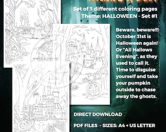 Hand-Drawn Halloween Coloring Pages – Spooky Night Scenes (PDF Download)