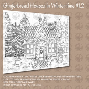 Gingerbread Huisjes in Wintertijd set 1, kleurplaten 3 afbeeldingen hand geïllustreerd Directe Download PDF A4 US Letter afbeelding 3