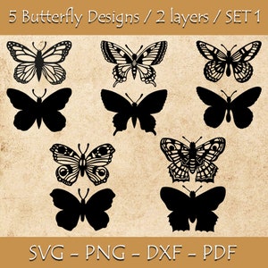 Schmetterlinge Kreativbilder Set1 - Schmetterling SVG, 5 Schmetterlinge SVG 2 Layered, Schmetterlinge Clipart, Dxf, Pdf, Png