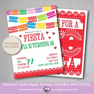 Editable Papel Picado FIESTA INVITATION - Instant Download - Birthday Party - 5 x 7&quot; Invitation Card - Mexican Style - Boho Summer Party