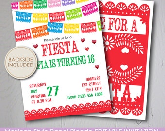 Editable Papel Picado FIESTA INVITATION - Instant Download - Birthday Party - 5 x 7" Invitation Card - Mexican Style - Boho Summer Party