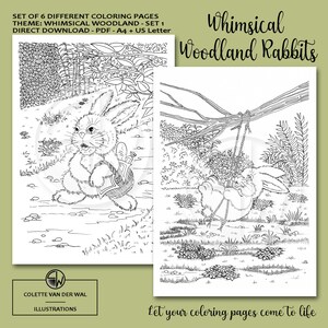 Whimsical Woodland - Rabbits set1,  adult coloring pages - set of 6 images - hand illustrated - instant download - PDF Size: A4 + US Letter