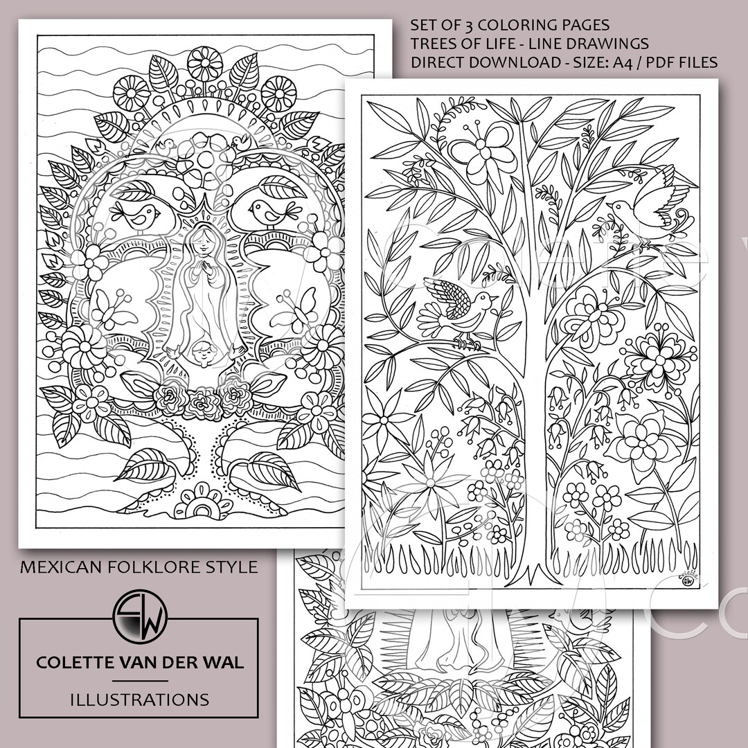 Trees of Life Coloring Pages Set of 3 Handdrawn A4 PDF Illustrations