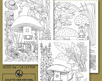 Mushroom Fantasy Coloring Pages – Set of 3 Hand-Drawn Illustrations (PDF)