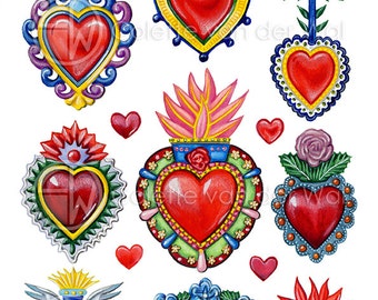 Mexican sacred Hearts - Printable Sheet No. 1 - For all your DIY projects - INSTANT DOWNLOAD - A4 and 8,5 x 11 inch - jpg + pdf + png