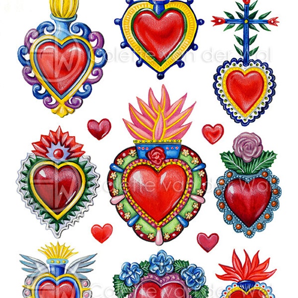 Mexican Sacred Hearts (Hartjes in Mexicaanse stijl) - Prints voor DIY projecten - Directe Download - A4 en 8,5 x 11 inch - jpg + pdf + png