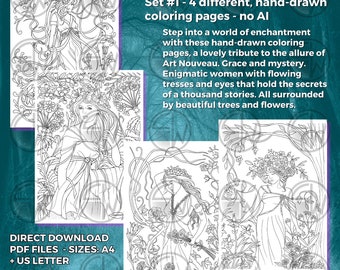 Art Nouveau Coloring Pages – Mysterious Women, Hand-Drawn (PDF)