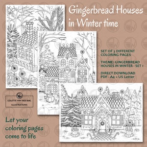 Gingerbread Houses in Wintertime - set 1,  coloring pages - 3 images - hand illustrated - instant download - PDF Size: A4 + US Letter
