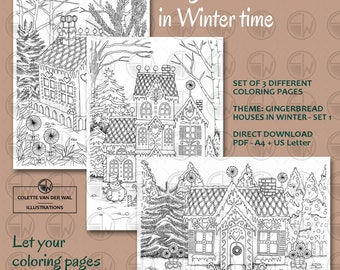 Gingerbread Houses Coloring Pages – Wintertime Hand-Illustrated (PDF)