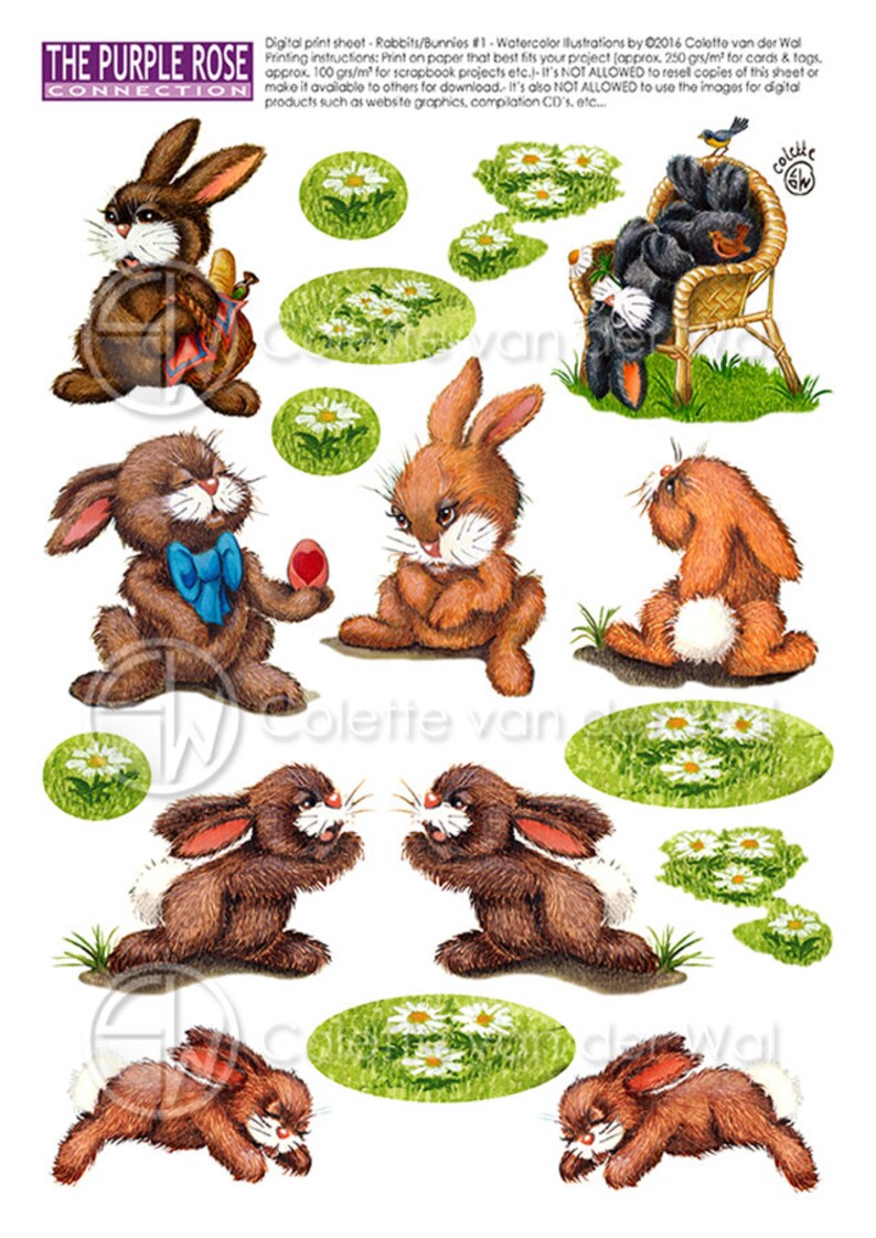 Rabbits bunnies 1 Printable Sheet No. 1&2 DIY Projects - Etsy