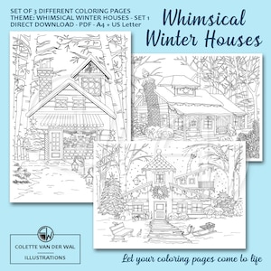 Whimsical Winter Houses - set 1,  coloring pages - 3 different images - hand illustrated - instant download - PDF Size: A4 + US Letter