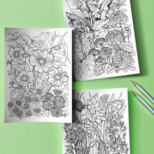 May include: Three black and white line drawings of different flower arrangements. The first image shows a bouquet of anemones, the second shows a bouquet of dahlias, and the third shows a bouquet of daffodils.
