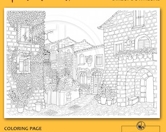 Spanish Houses Coloring Page, Hand Illustrated, A4, US Letter (PDF Download)