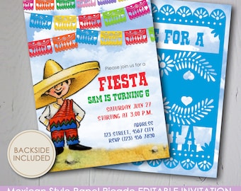 Editable Papel Picado FIESTA INVITATION - Instant Download - Birthday Party - 5 x 7" Invitation Card - Mexican Style handdrawn illustration