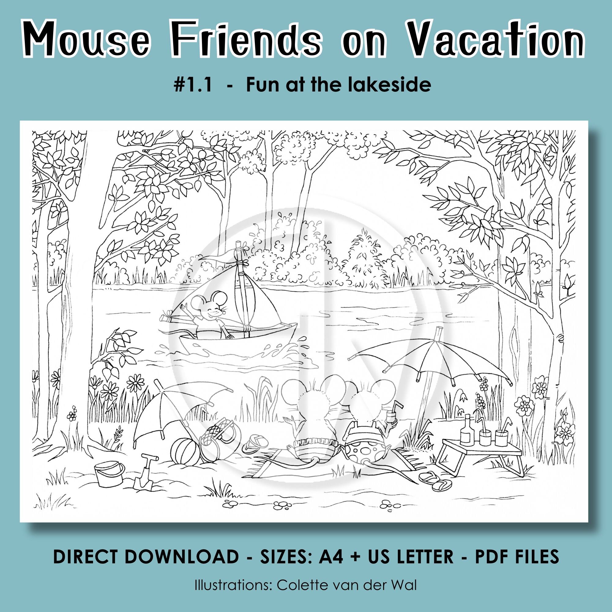 Mouse Vacation Coloring Pages – Hand Illustrated, Set of 3 (PDF) - Etsy