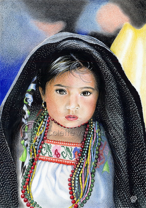 Mexican Girl Art Print: "Shelter" Original Pigment Pencil Illustration A3