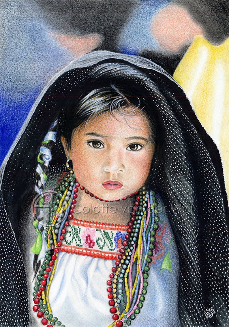 May include: A young girl with dark hair and eyes, wearing a black shawl and colorful beaded necklaces. She is looking directly at the viewer with a serious expression.