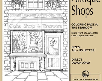 Kleurplaat oud theehuis & cake shop #2 - Thema Antieke winkeltjes - handgetekende illustratie - directe download PDF - Formaat: A4 +USLetter