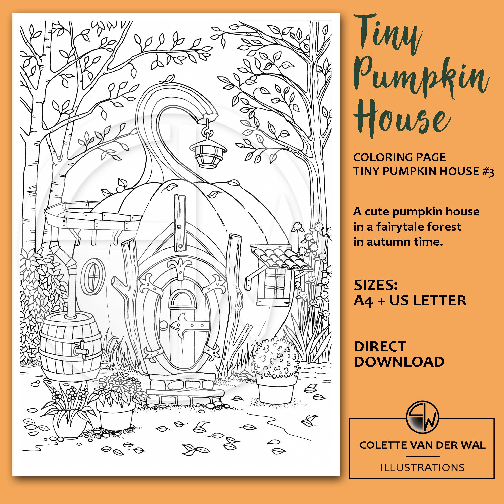 Tiny Pumpkin House 3, Coloring Page of a Pumpkin House in the Fall Hand ...