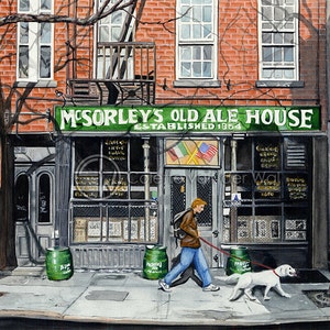 WALKING THE DOG - East Village, Manhattan, New York - Art Print of my Original painting - Paper size: A3