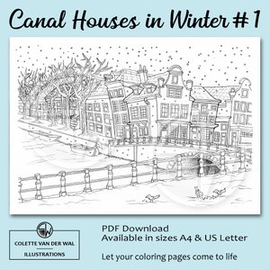 Amsterdam Canal Houses Winter Coloring Page – Hand Illustrated (PDF A4/US Letter)