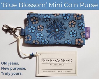 REJEANED - Blue Blossom Mini Coin Purse with Clip – Hand-Painted Recycled Denim Zipper Pouch | Handmade