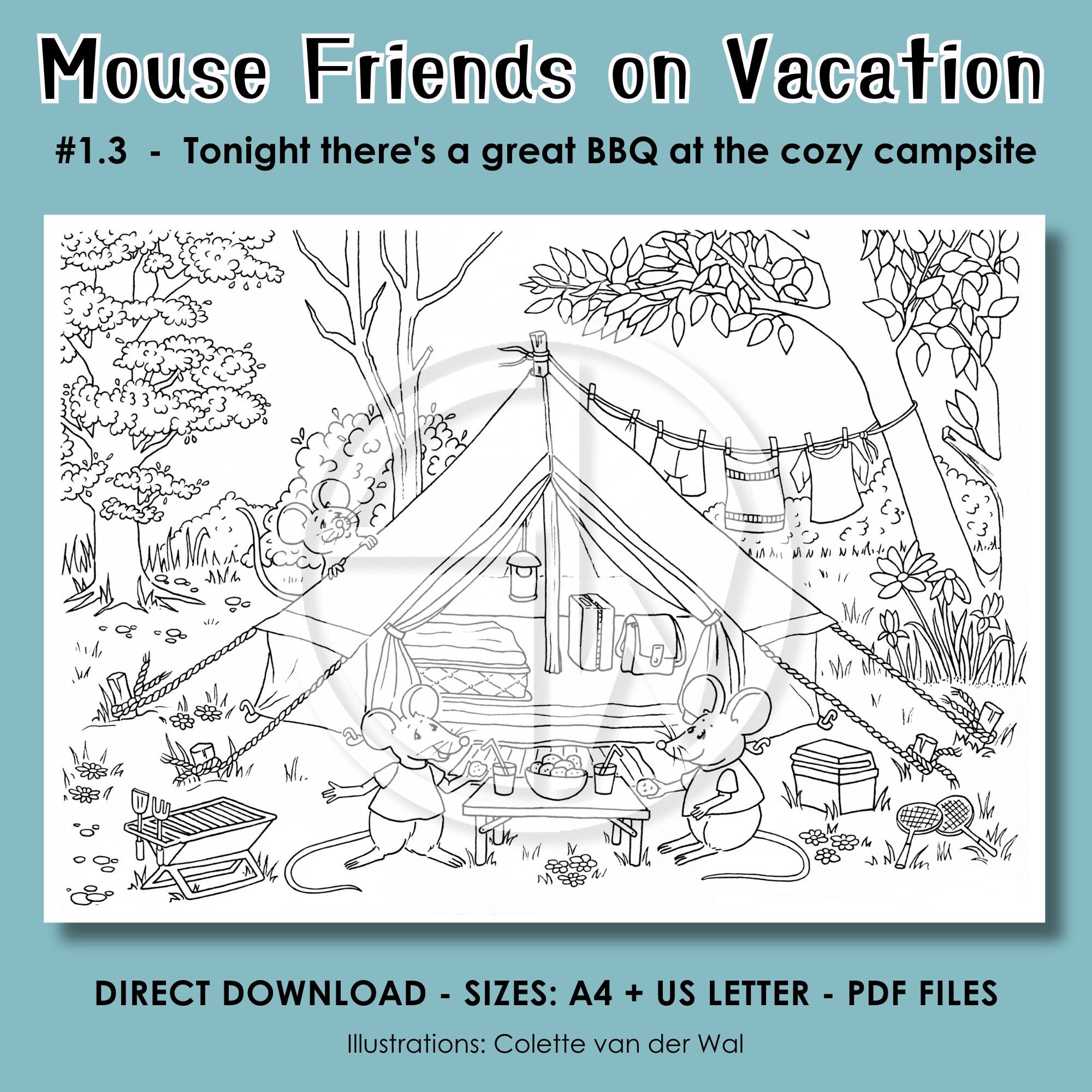 Mouse Vacation Coloring Pages – Hand Illustrated, Set of 3 (PDF) - Etsy