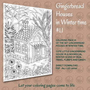 Gingerbread Huisjes in Wintertijd set 1, kleurplaten 3 afbeeldingen hand geïllustreerd Directe Download PDF A4 US Letter afbeelding 2