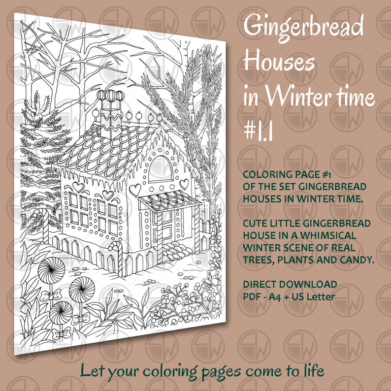 Gingerbread Huisjes in Wintertijd set 1, kleurplaten 3 afbeeldingen hand geïllustreerd Directe Download PDF A4 US Letter afbeelding 2