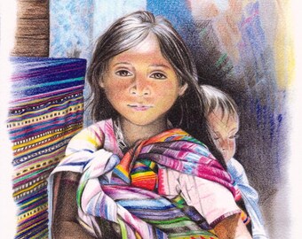 Niño en un mercado en Chiapas, México - Impresión de mi ilustración original - Tamaño de papel A4 ( 8.3 x 11.7 pulgadas)