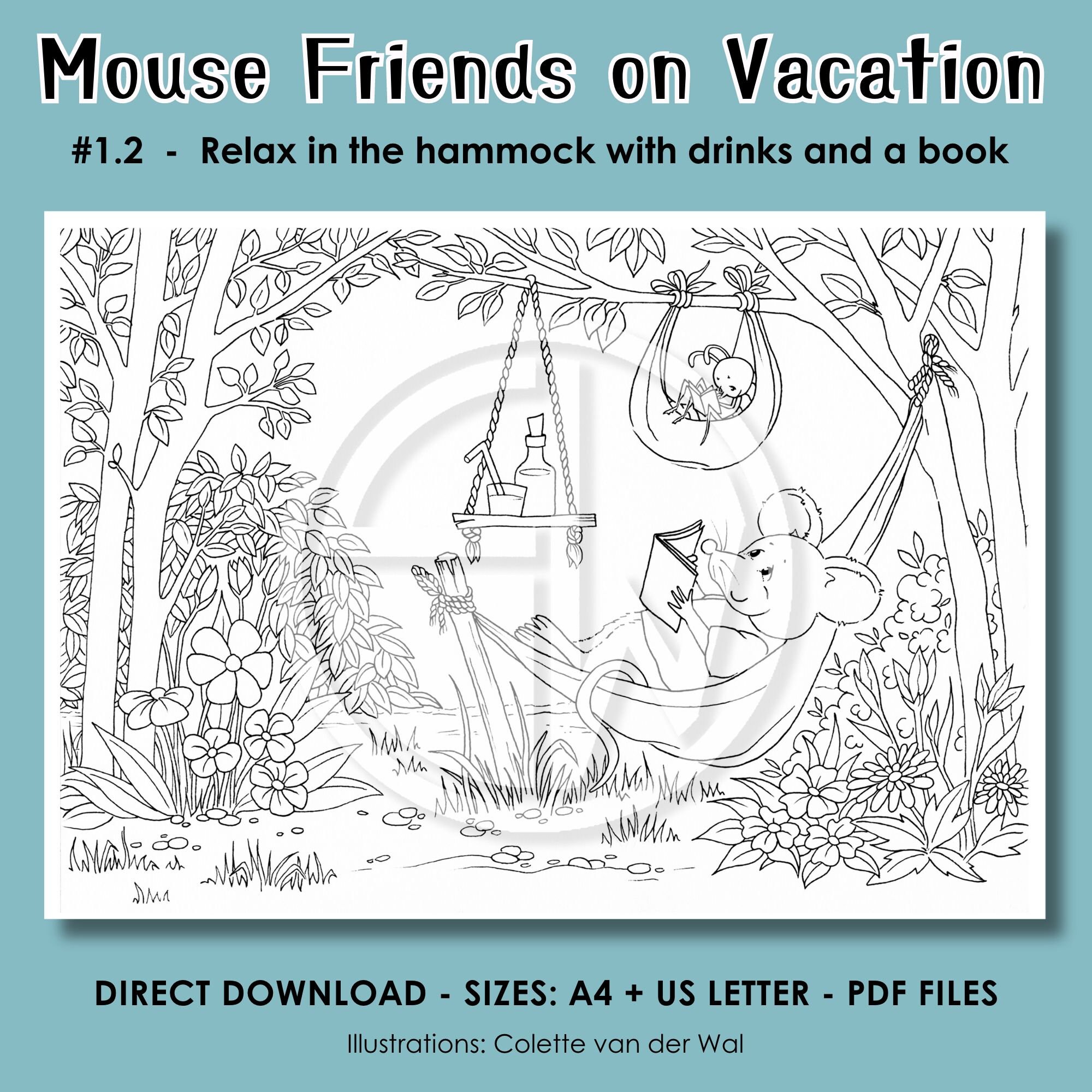 Mouse Vacation Coloring Pages – Hand Illustrated, Set of 3 (PDF) - Etsy