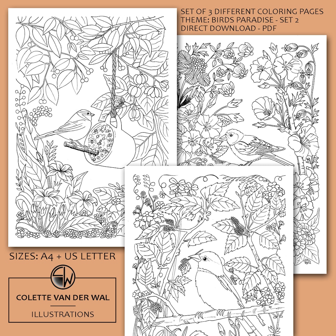 Bird Paradise - Set2, Adult Coloring Pages - Set of 3 Different Images ...