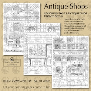 Antique SHOPS - set 1,  coloring pages of old shop fronts - 3 images - hand illustrated - instant download - PDF Size: A4 + US Letter