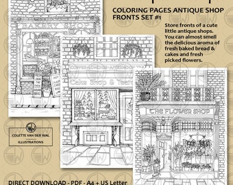 Antique SHOPS - set 1, coloriages d’anciennes devantures de magasins - 3 images - illustrées à la main - téléchargement instantané - PDF Taille: A4 + US Letter