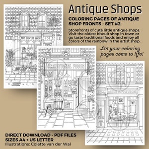 Antique SHOPS - set 2,  coloring pages of old shop fronts - 3 images - hand illustrated - instant download - PDF Size: A4 + US Letter