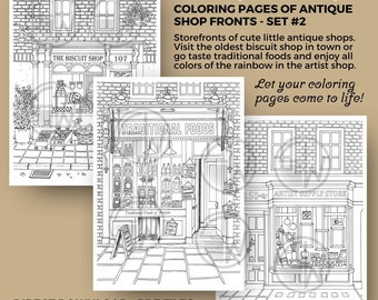 Antique SHOPS - set 2, pages à colorier d'anciennes devantures de magasins - 3 images - illustrées à la main - téléchargement instantané - Taille PDF : A4 + Lettre US