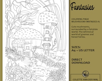 Mushroom Fantasy Coloring Page – Hand-Illustrated Whimsical World (PDF A4/US Letter)